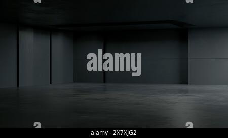 Minimalistisches, dunkles, abstraktes Innendesign. Unterirdisches Studio, Parkraum Im Flur, Untergeschoss Des Bunker Bomb Shelter. 3D-Abbildung Stockfoto