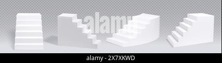 Weißes Treppenpodium rechteckig und kreisförmig auf transparentem Hintergrund. Realistische 3D-Vektor-Illustration mit verschiedenen Winkeln Ansicht auf leeren, leeren Treppen. Stufen bis zur Bühne oder zum Sockel. Stock Vektor