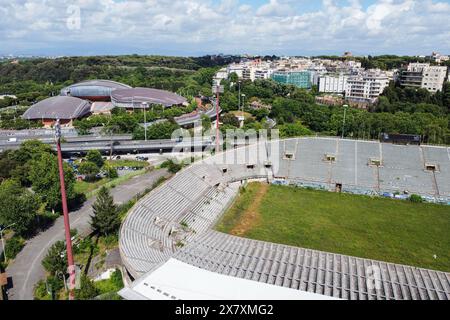 Rom, Italien. Mai 2024. (ANMERKUNG DER REDAKTION: Bild von einer Drohne) aus der Vogelperspektive des Flaminio-Stadions in Rom. Nach 13 Jahren der Aufgabe hat der lange Prozess für die Sanierung des Flaminio-Stadions in Rom begonnen. Es ist ein Rennen, aber Lazio scheint der Favorit zu sein. Eine Aufwendung von 250 Millionen Euro für das nächste Stadion von Lazio: Eine Modernisierung des Flaminio, die von 24 Tausend auf 50 Tausend Sitze und neue Stände der Anlage gehen wird. (Foto: Stefano Costantino/SOPA Images/SIPA USA) Credit: SIPA USA/Alamy Live News Stockfoto