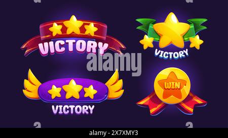 Abzeichen für das Siegesspiel werden isoliert auf den Hintergrund gesetzt. Vektor-Karikaturillustration der Siegerschilder dekoriert mit Score-Sternen, Farbbändern, goldenen Flügeln, Erfolgsmedaille, gui-Avatar, casino-Designelemente Stock Vektor
