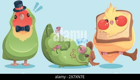 Niedliche Papageienfigur in Landmütze, Gentleman Hut und Fliege, mit Brotscheibe auf dem Kopf. Vektorsatz des hellen bunten tropischen Vogel Maskottchens. Lustiges Dschungeltier mit Schnabel und Flügeln. Stock Vektor