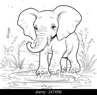 Elefant Spielt In Wasser Malseite Für Kinder Stock Vektor