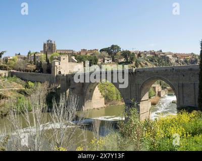 Historische Steinbrücke mit Bögen über einen Fluss, umgeben von Vegetation und Stadtlandschaft, sonnigem Wetter, historische Steinbrücke mit einem alten Turm und einem Stockfoto