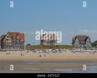 Drei große Häuser mit Blick auf den Sandstrand bei sonnigem Wetter, breiter Sandstrand am Meer mit Möwen und einem Stadtpanorama auf der Promenade, de ha Stockfoto