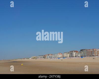 Panorama des langen Sandstrandes und der Nachbarhäuser unter klarem blauem Himmel, breiter Sandstrand am Meer mit Möwen und einem Stadtpanorama auf Stockfoto