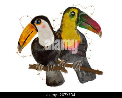 Set aus zwei hellen Tukanvögeln, die auf Ästen sitzen. Aquarell isolierte Clip-Art auf weißem Hintergrund, handgezeichnet, für Design und Druck. Stockfoto