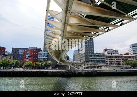 Fußgängerbrücke Zubizuri, Weiße Brücke, Bilbao, Blick von unten auf eine moderne Brücke über einen Fluss Nervión, Wolkenkratzer im Hintergrund, Altstadt, Bilbao Stockfoto