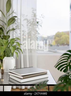 Ein Nahbild von Büchern auf einem Couchtisch in der Nähe des Fensters, umgeben von Zimmerpflanzen in einem zeitgenössischen minimalistischen Wohnzimmer. 3D-Rendering, 3D-illustr Stockfoto