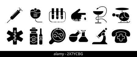 Symbol für medizinisches Set. Spritze, Blutbeutel, Reagenzgläser, Bluttropfen, Hubschrauber, medizinisches Kreuz, Medizinflasche, Lupe, Kolben, Mikroskop, Telefon Stock Vektor