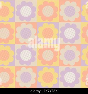 Y2K Ästhetik, Groovy Gänseblümchenblümchen nahtloses Muster in Farbfeldern. Floraler Vektor-Hintergrund im 1970er Jahre Hippie Retro-Stil für Druck auf Textil Stock Vektor