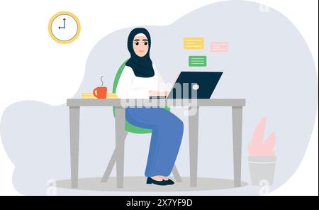 Muslimische Frauen, die am Schreibtisch oder von zu Hause auf einem Laptop arbeiten Stock Vektor