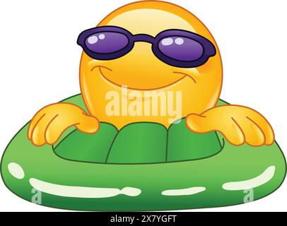 Glückliches Emoji Emoticon mit Sonnenbrille auf einem grünen aufblasbaren Pool oder Meerwassermatratze Stock Vektor