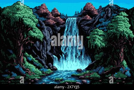 Wasserfallkaskade und Waldlandschaft. KI generierte 8-Bit-Pixel-Kunstspielhintergrund. Der faszinierende Panoramablick fängt mit seinen leuchtenden Farben und dem blockartigen Retro-Design das Wesen der Natur ein Stock Vektor