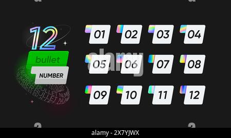 Anzahl der Aufzählungspunkte. Vektorsatz mit nummerierten Schaltflächen oder Tags von eins bis zwölf, jeweils mit modernem Verlaufsdesign, zur klaren, geordneten Darstellung von Informationen für Präsentationen oder Zusammenfassungen Stock Vektor