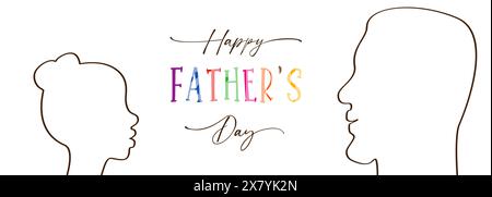 Digitale Illustration von Vater und Tochter. Happy Vatertag – niedliche Gratulation mit Gesichtsform und farbenfrohen Elementen. Postkartendesign. Familienparty Stock Vektor