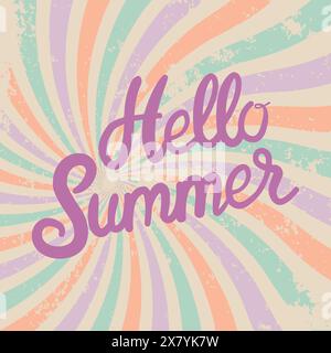 Y2K Aesthetics, groovy Wavy Summer Card mit Schriftzug „Hello Summer“. Vektorkarte mit Blumenmuster im Hippie-Retro-Stil der 1970er Jahre. Stock Vektor