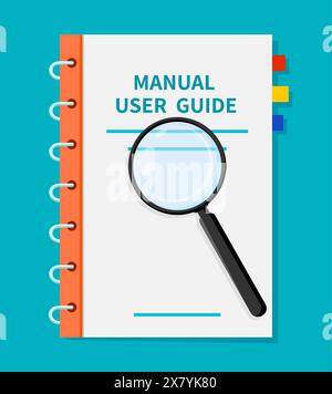 Benutzerhandbuch, Anleitung im Handbuch des Führerscheins. Vektorring gebundenes Serviceheft mit einer Lupe darüber, das detaillierte Untersuchungen oder Anleitungen, Hilfe, Kundensupport und Informationsdaten vorschlägt Stock Vektor
