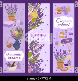 Lavendelkosmetik-Banner mit Blumen für Hautpflegeprodukt-Anzeige, Vektor-lila Hintergrund. Aroma SPA Kosmetik mit Provence Lavendelseife und -Creme, Aromatherapie und Gesichtshaut Massageöl Essence Stock Vektor