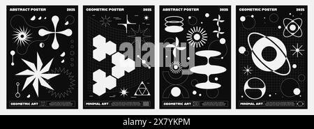 Brutale Y2K-Poster mit abstrakten weißen Formen. Geometrische Poster, abstrakter Vektorhintergrund mit brutalen geometrischen monochromen Figuren. Vertikales Banner oder Hintergrund mit einfachen Y2K-Formen Stock Vektor