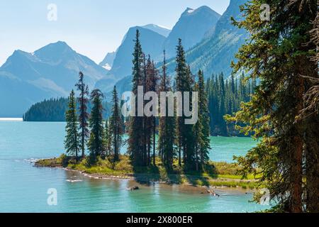 Spirit Island im Sommer und Maligne Lake, Jasper Nationalpark, Kanada. Stockfoto
