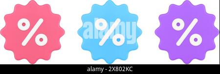Heller Prozentsatz eingekreister 3D-Symbolvorlage mit gerissener Kanten Vektorillustration. Abgerundetes rotes, blaues, violettes Finanzsymbol zum Verkauf, Diskun Stock Vektor
