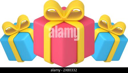 Drei helle festliche Geschenkboxen verpackt durch rote und blaue Papier isometrische 3D Icon Vorlage Vektor Illustration. Weihnachtsgeschenke dekoriert mit Gelbtis Stock Vektor