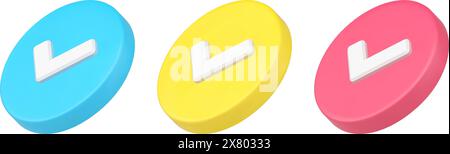 Sammlung isometrische eingekreiste Häkchen Abzeichen Benutzeroberfläche Button Design dekorative Vorlage 3D Icon Vektor Illustration. Set farbenfrohe abgerundete embl Stock Vektor