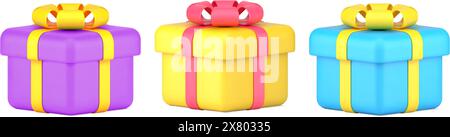 Sammlung helle Würfel gewickelte Geschenkboxen verziert durch Schleife für Feiertag Gratulation 3D Icon Vektor Illustration. Set mehrfarbige Pappe Presen Stock Vektor