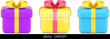 Kollektion quadratisch bunte Geschenkboxen mit Schleife verziert für Weihnachten, Geburtstag, Jubiläum, Valentinstag, Isometrie 3D-Ikonen Stock Vektor