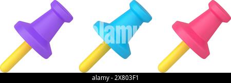 Setzen Sie isometrische Pushpins Schreibwaren-Versorgung bequemes Anbringen von Papierdokumenten an Wand 3D-Icon-Vektor-Illustration. Druckstifte mit gelbem n Stock Vektor