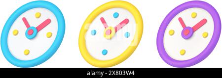 Satz von heller, farbenfroher analoger Uhr, die die Zeit mit Pfeilen anzeigt, 3D-isometrischer Vektor-Illustration. Sammlung der Minuten- und Stunden-Zeiger-Wanduhr für t Stock Vektor