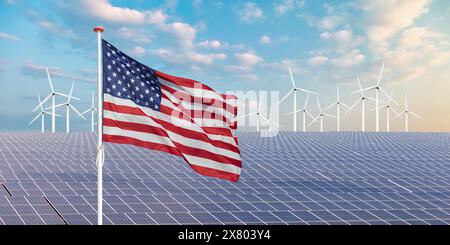 Offizielle Flagge der USA vor einer Vielzahl von Solarpaneelen und Windturbinen Stockfoto