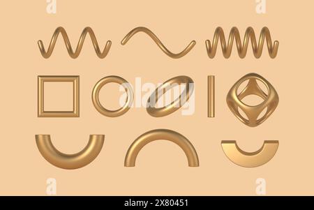 Goldene geometrische 3D-Formen und Design-Elemente-Vektorvorlagen-Set. Spiraldraht mit quadratischen und runden Torusrahmen. Skandinavischer minimalistischer jude Stock Vektor