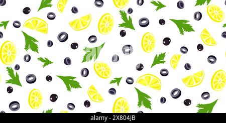 Farbiges, nahtloses Muster aus Oliven und Zitronen. Oliven und Zitronen in flachem Stil auf weißem Hintergrund. Bio-Vitaminzutaten für gesundes Kochen Stock Vektor