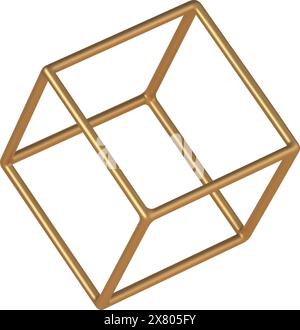 Goldene lineare 3D-Cube-Vektorvorlage. Geometrisches Design mit grafischer Perspektive für kreative digitale Innenräume. Abstrakte Box in moderner Bildhauerin Stock Vektor