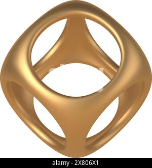 Goldener 3D-Würfel mit runden Ausschnitten Vektorschablone. Geometrische Kastendekoration aus Edelmetall für kreative Boho-Dekor. Realistische quadratische Kunstwerke mit Stock Vektor