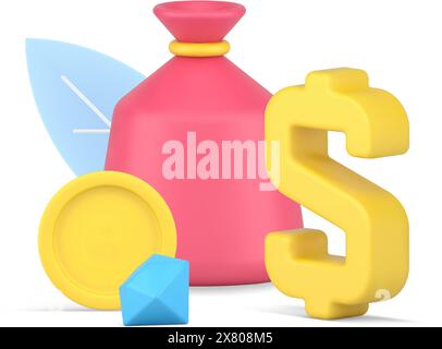 3D-Symbol für realistisches Geld. Geldbeutel mit Goldmünze und Diamant. Paket mit Juwelen und voluminösem Dollarsymbol. Finanzielle Einsparungen und Investitionen. Ve Stock Vektor