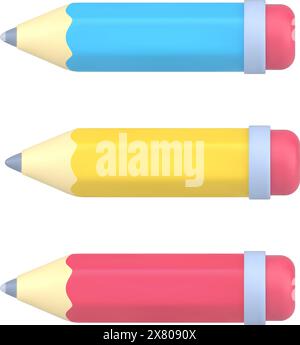 Schreibwaren 3D-Bleistifte. Blaue, gelbe und pinkfarbene Holzstifte zum Schreiben und Zeichnen. Werkzeug mit geschärftem Blei für kreative Kunst. Symbol für isolierten Vektor Stock Vektor