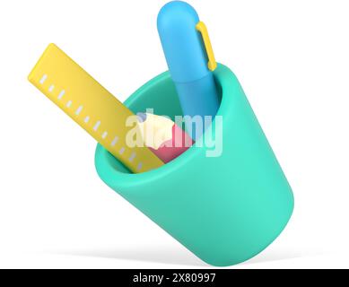 Fallbecher mit 3D-Schreibwaren. Blauer Stift mit gelbem Lineal und pinkfarbenen, geschärften Bleistift. Praktische Platzierung in einer grünen Tasse mit Artikeln mit schneller kreativer A Stock Vektor