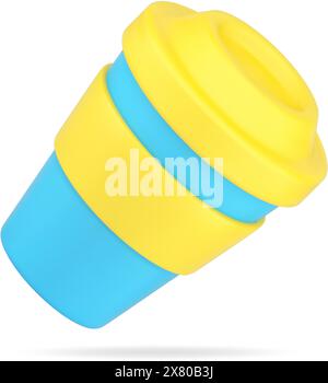 Plastikbecher für Getränk 3D Symbol. Blauer Kartonbehälter mit gelbem Deckel und Rand. Einwegbecher für Latte und Americano. Volumetrische Ausführung für heiße und Stock Vektor