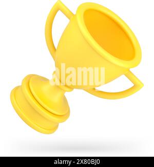 Gelbes 3D-Symbol für Becher-Trophäe. Realistischer Preis für erfolgreichen Champion. Becher mit zwei Griffen am Ständer. Siegertrophäe für den besten Wettkämpfer. Zeremonie für Stock Vektor
