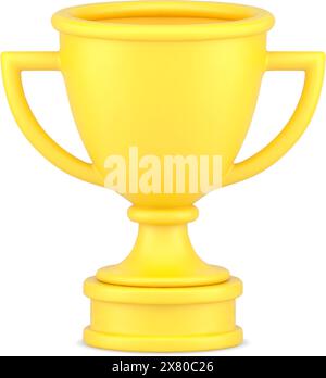 Gelbes 3D-Pokal-Siegersymbol. Hauptpreis für erfolgreichen Champion. Schüssel mit zwei Griffen am Ständer. Auszeichnung für den besten Mitbewerber. Feierliche Zeremonie Stock Vektor