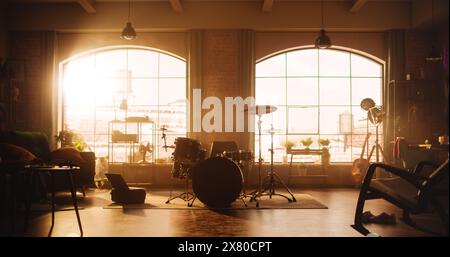 Establishment Shot: Musikprobe Studio im Loft Room mit Drum Set in der Mitte. Stilvolles Interieur mit zwei großen Fenstern, gemütlichem Sofa, Regalen und Pflanzen. Sonniger, heller Tag und Blick auf die Stadt. Stockfoto