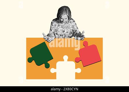 Trend-Artwork Composite Skizzenbild 3D Collage der alten wütenden Frau sitzen Tisch müde versuchen Puzzle lösen verschiedene Details passen nicht überein Stockfoto