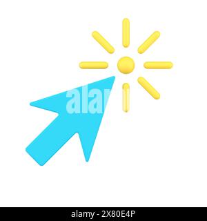 Abbildung des einfachen 3D-Symbols mit Pfeil, der auf den Link zeigt. Moderner Mauszeiger, der in die abstrakte Sonne auf weiß klickt. Anwendung blau cli Stock Vektor