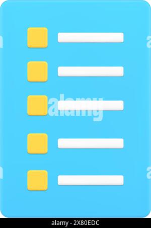 Blaue einfache moderne Checkliste mit gelbem Kontrollkästchen und 3D-Icon-Vektor-Illustration. Fragebogenuntersuchung To-Do-Liste zur Überprüfung der Aufgaben Erinnerung Stock Vektor