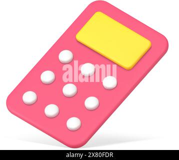 Einfacher roter Rechner mit gelber Anzeige 3D-Symbolvektorillustration. Einsparungen, Finanzen, Buchhaltung mit isolierter Tastatur. Elektronisches Gerät Stock Vektor