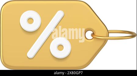 Goldene metallische horizontale Tag Seil Verkauf Prozentsatz mit Loch realistisch 3D Symbol Design Vektor Illustration. Rabatt Coupon Marke Aufkleber Business spec Stock Vektor