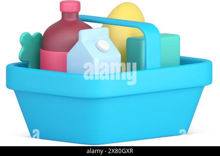 Blauer Kunststoff-Hypermarkt-Einkaufskorb für Lebensmittel und Getränke, der realistische 3D-Icon-Vektor-Illustration trägt. Kundencontainer, die Lebensmittel kaufen, hinzufügen g Stock Vektor