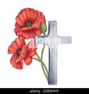 Rote Mohnblumen und Steinkreuz Symbol des Krieges, Memorial Day in den USA, Anzac Day in Australien. Denken Sie daran und ehren Sie. Damit Wir Es Nicht Vergessen. Handgezeichnet Stockfoto